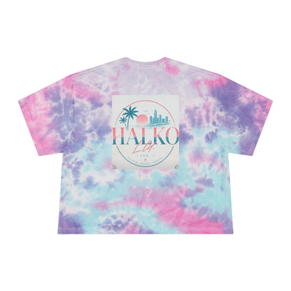 Women's Tie-Dye Crop Tee — Pastel Blue Tropical "Halako Life" Graphic