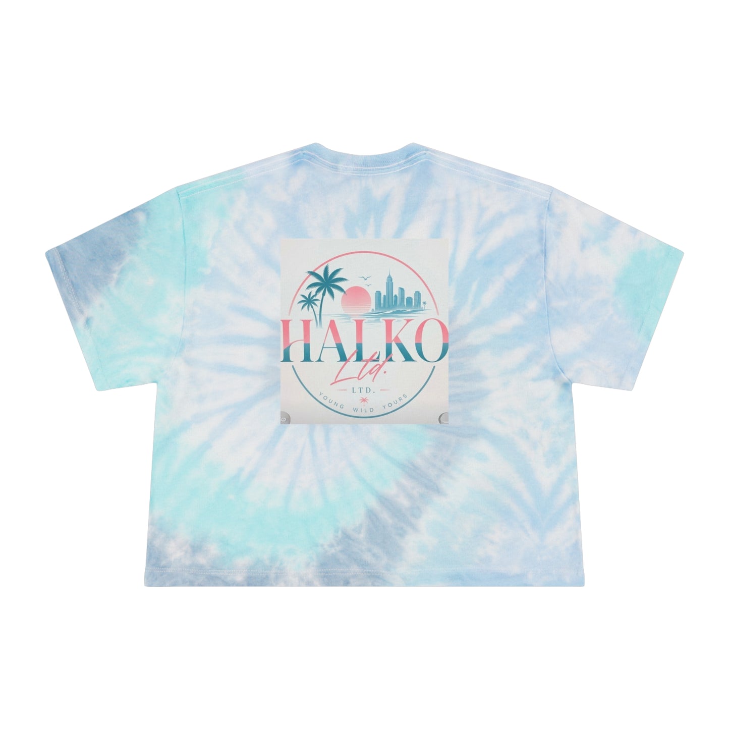 Women's Tie-Dye Crop Tee — Pastel Blue Tropical "Halako Life" Graphic