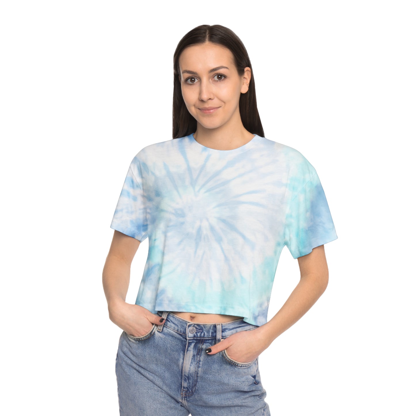 Women's Tie-Dye Crop Tee — Pastel Blue Tropical "Halako Life" Graphic