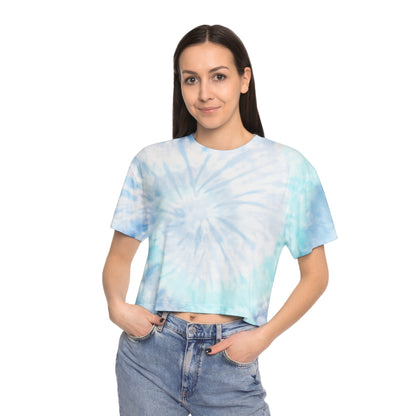 Women's Tie-Dye Crop Tee — Pastel Blue Tropical "Halako Life" Graphic