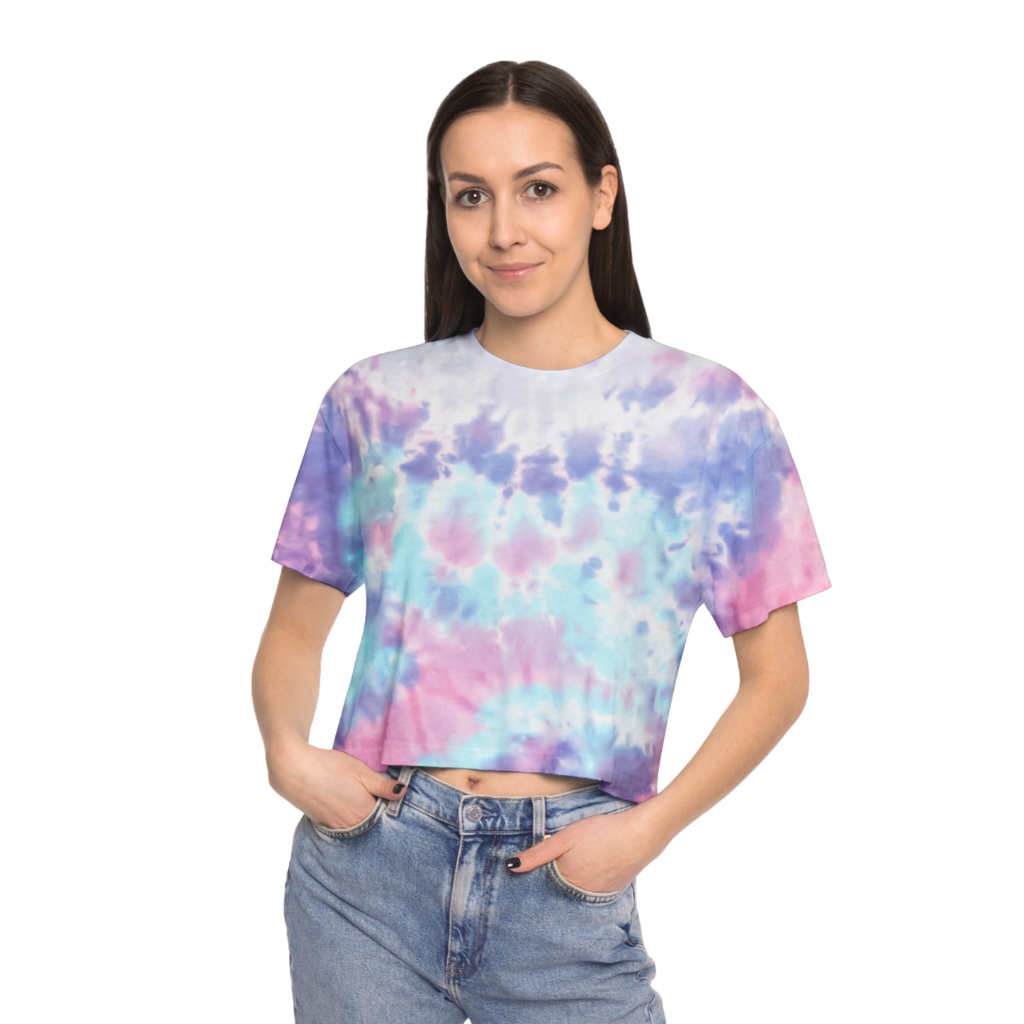 Women's Tie-Dye Crop Tee — Pastel Blue Tropical "Halako Life" Graphic