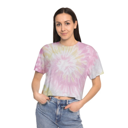 Women's Tie-Dye Crop Tee — Pastel Blue Tropical "Halako Life" Graphic