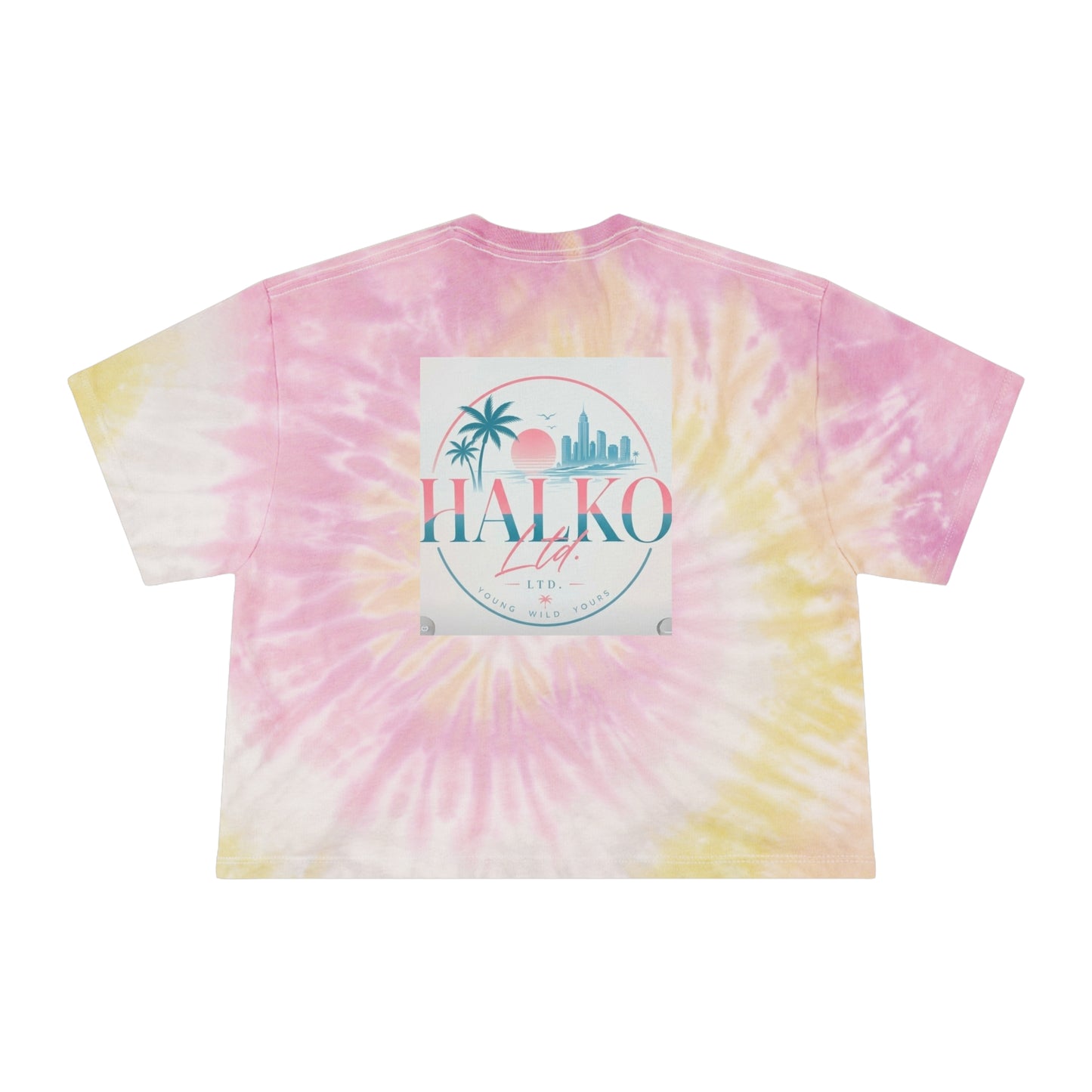 Women's Tie-Dye Crop Tee — Pastel Blue Tropical "Halako Life" Graphic