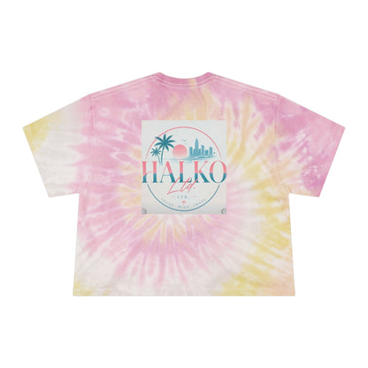 Women's Tie-Dye Crop Tee — Pastel Blue Tropical "Halako Life" Graphic