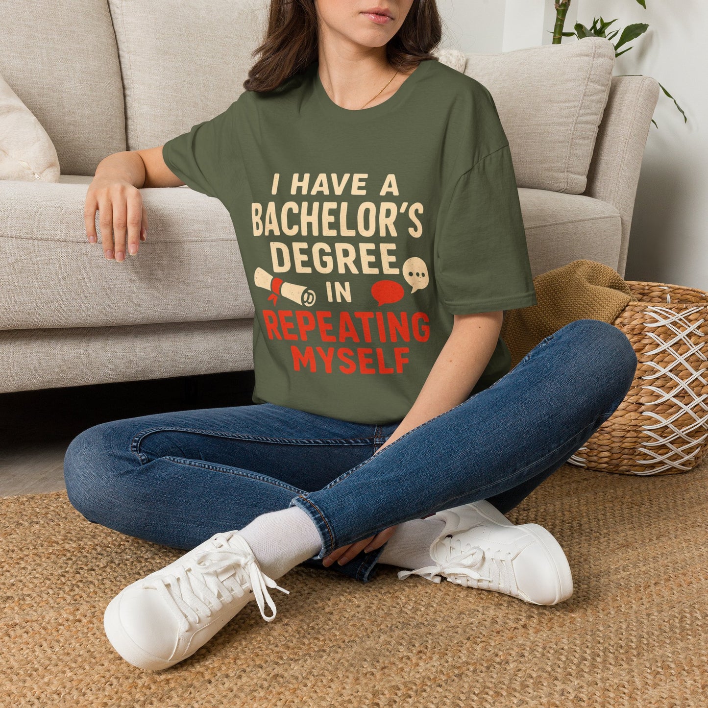 Bachelor's Degree T-Shirt — "I Have a Bachelor's Degree in Repeating Myself" Funny Graduation Tee